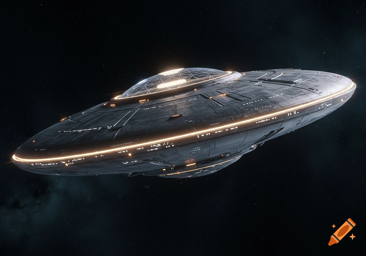 A sleek, metallic disc-shaped spacecraft with glowing amber and white lights, hovering in dark outer space with distant stars.