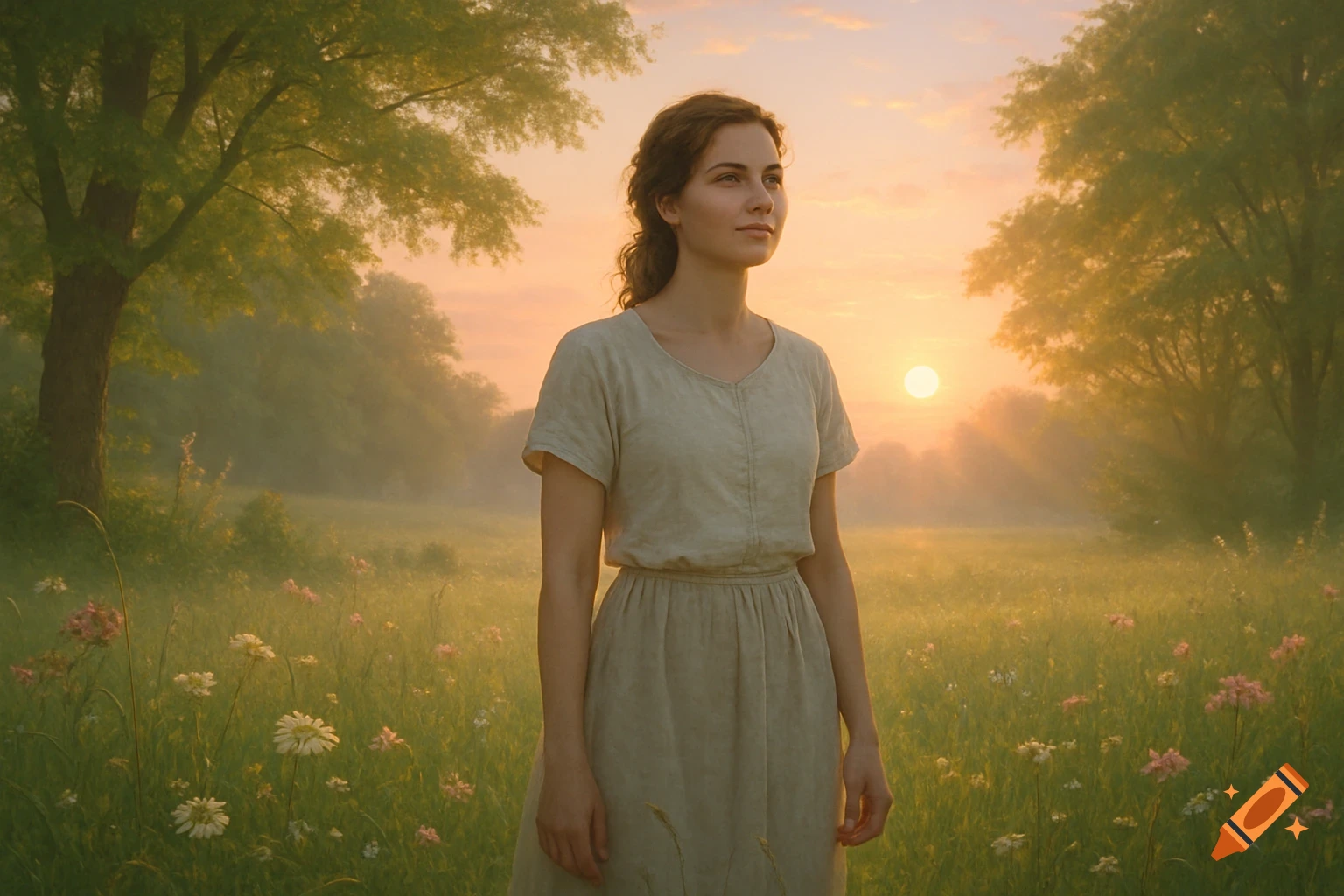 A woman in a simple dress stands in a misty field of wildflowers at sunset.