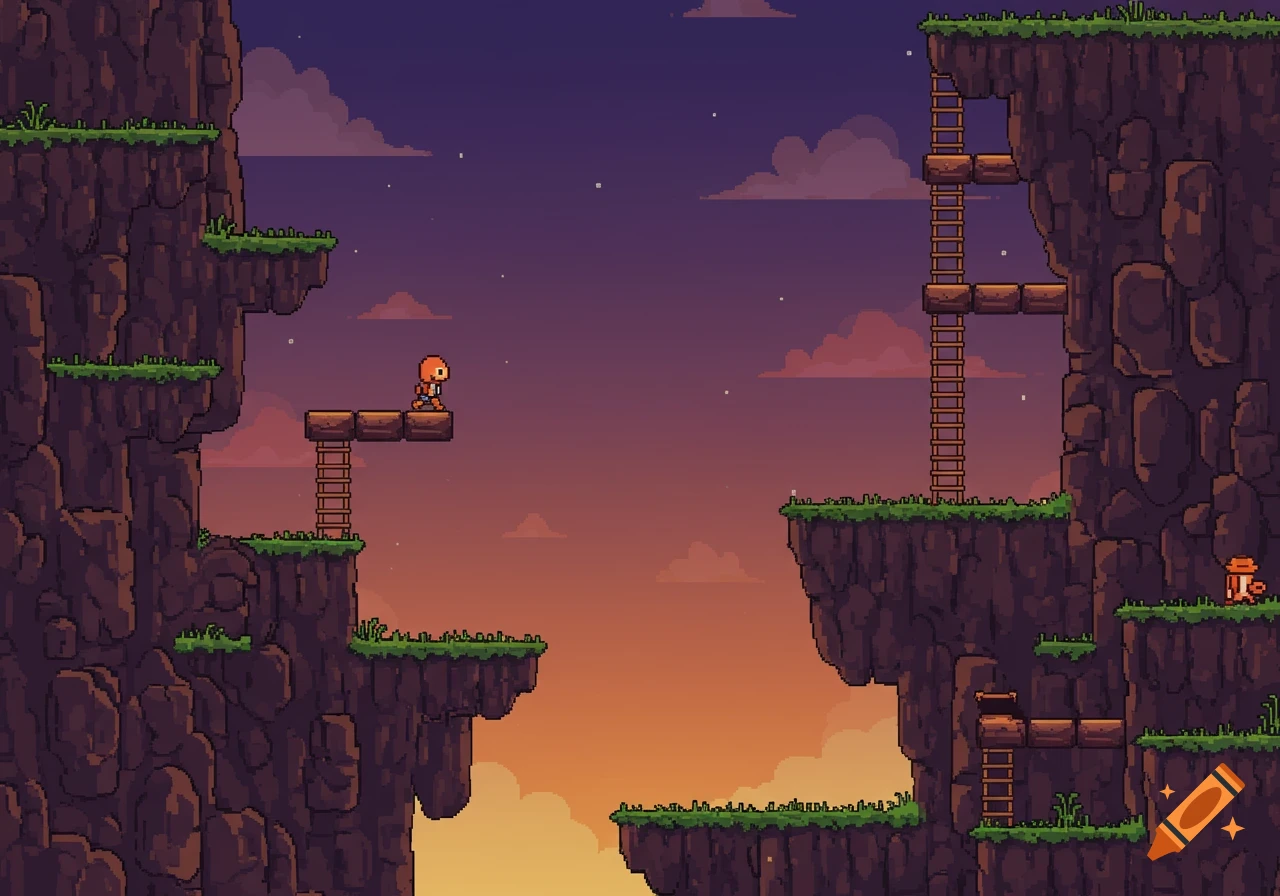 A pixel art video game level with a small character on cliff platforms, ladders, and a sunset sky.