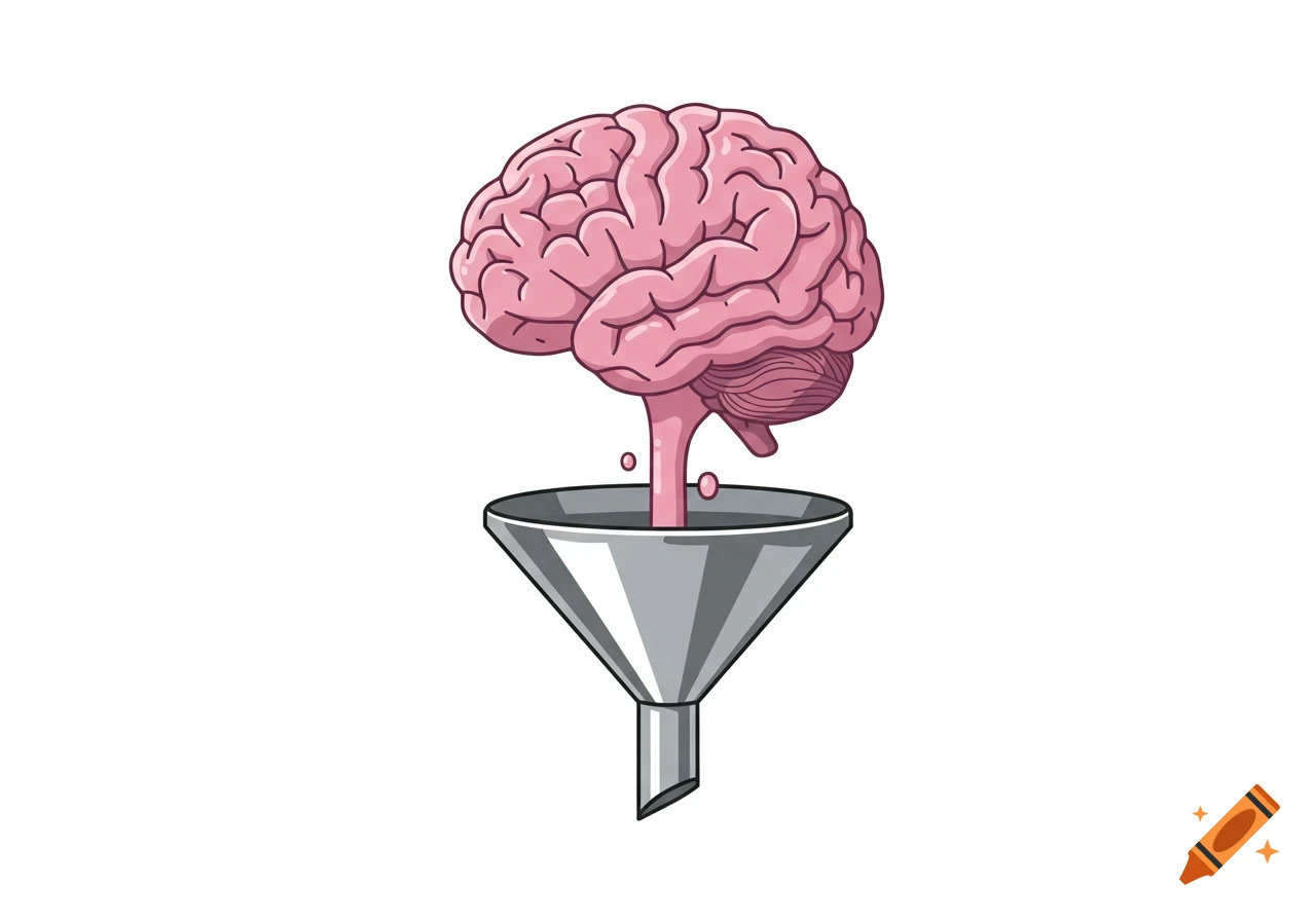 Cartoon illustration of a pink brain with a brainstem pouring a liquid substance into a silver funnel, on a white background.