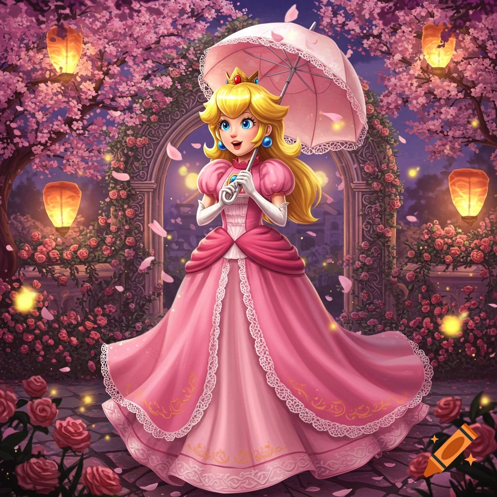 Princess Peach holding a pink umbrella in a vibrant fantasy garden with cherry blossoms, roses, and glowing lanterns.