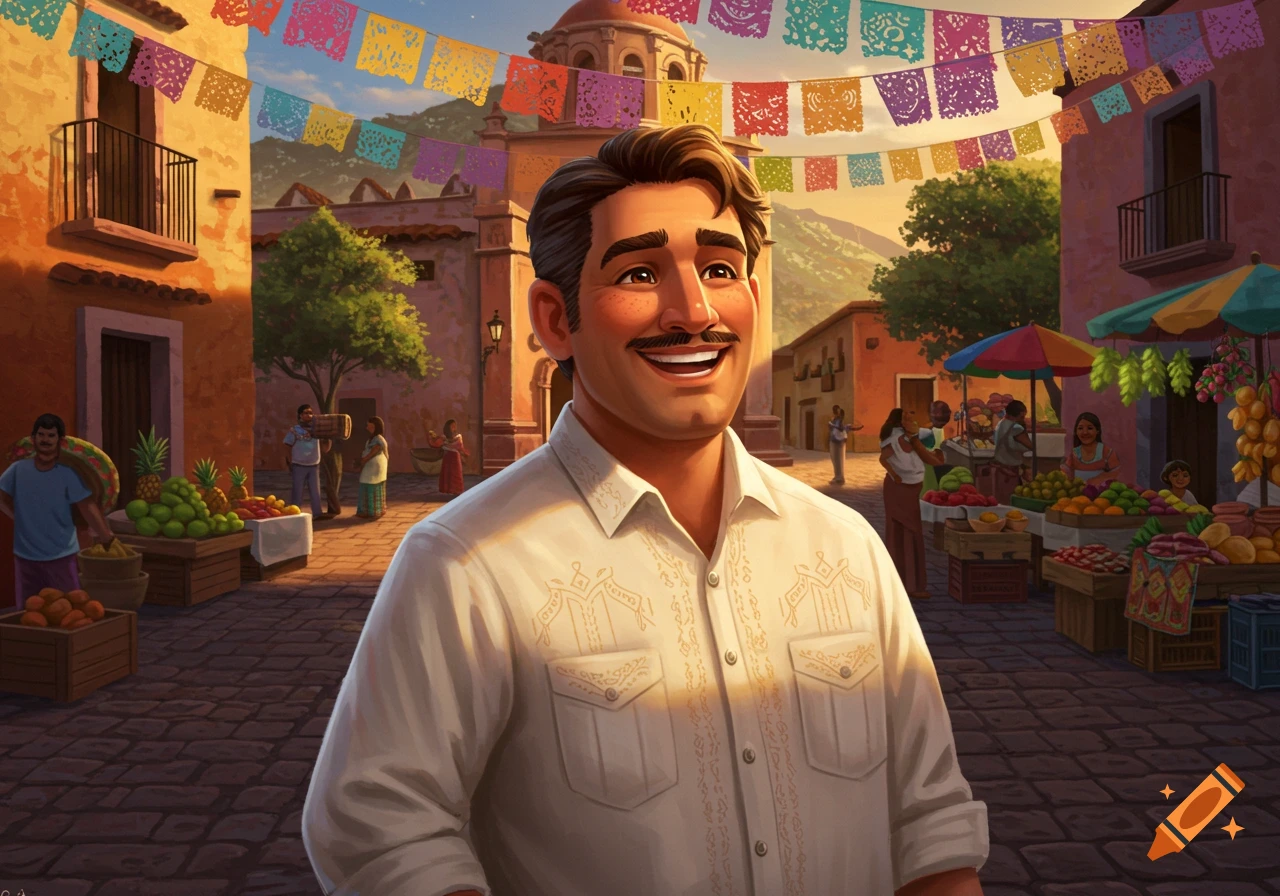 Smiling man in an embroidered white shirt in a colorful Mexican market with papel picado banners.