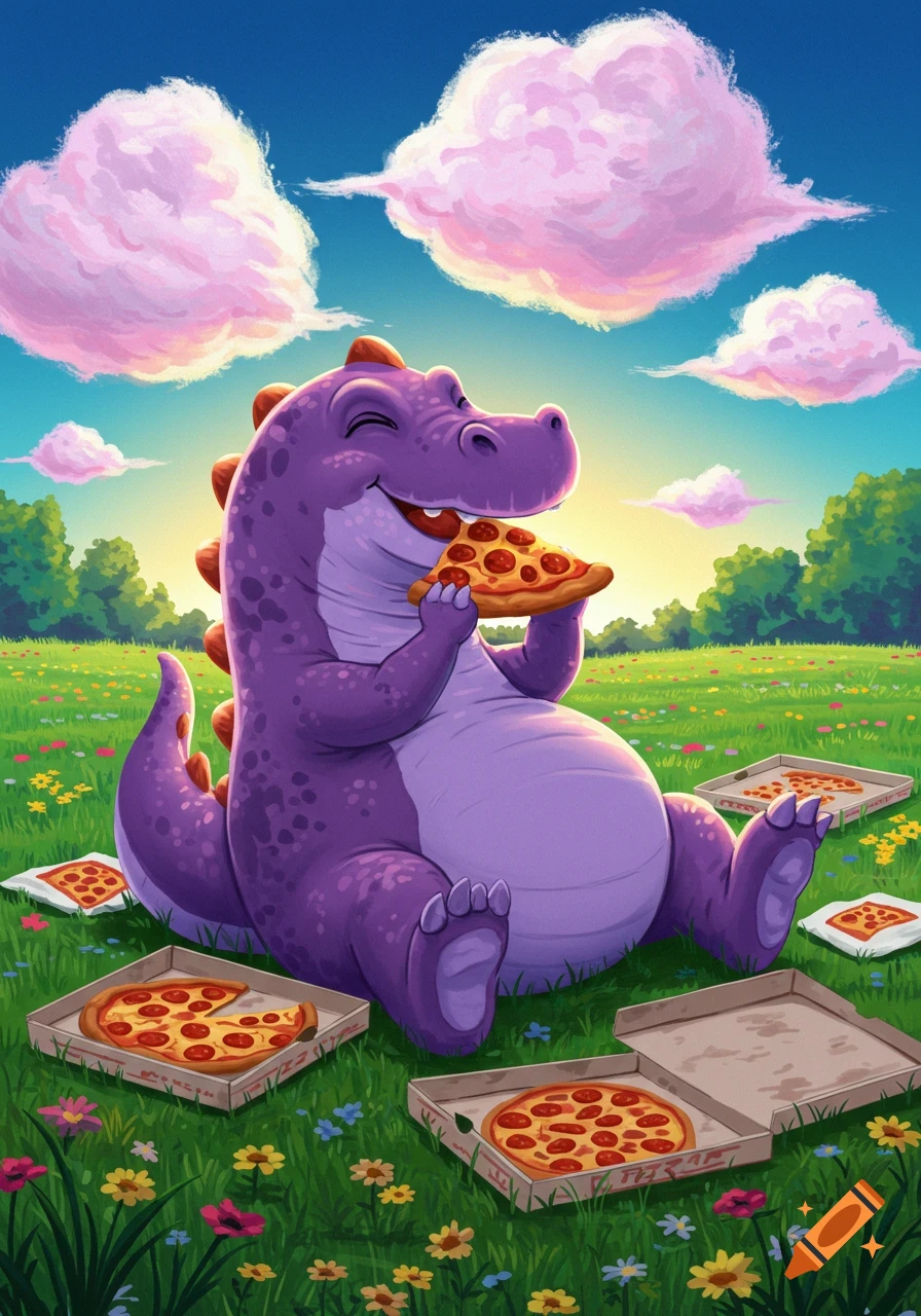 A happy, whimsical purple dinosaur sits in a vibrant green field with wildflowers, eating a slice of pepperoni pizza.