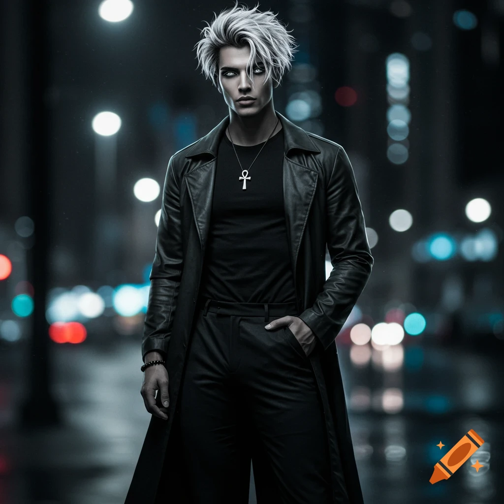 A striking man with white spiky hair and glowing silver eyes stands in a dark city street, wearing a black leather trench coat and an ankh necklace.