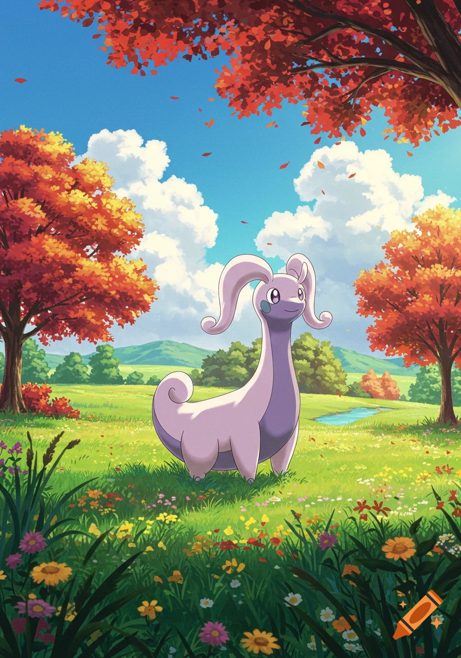 Purple Goodra in a vibrant meadow with autumn trees and flowers under a blue sky, Studio Ghibli style.