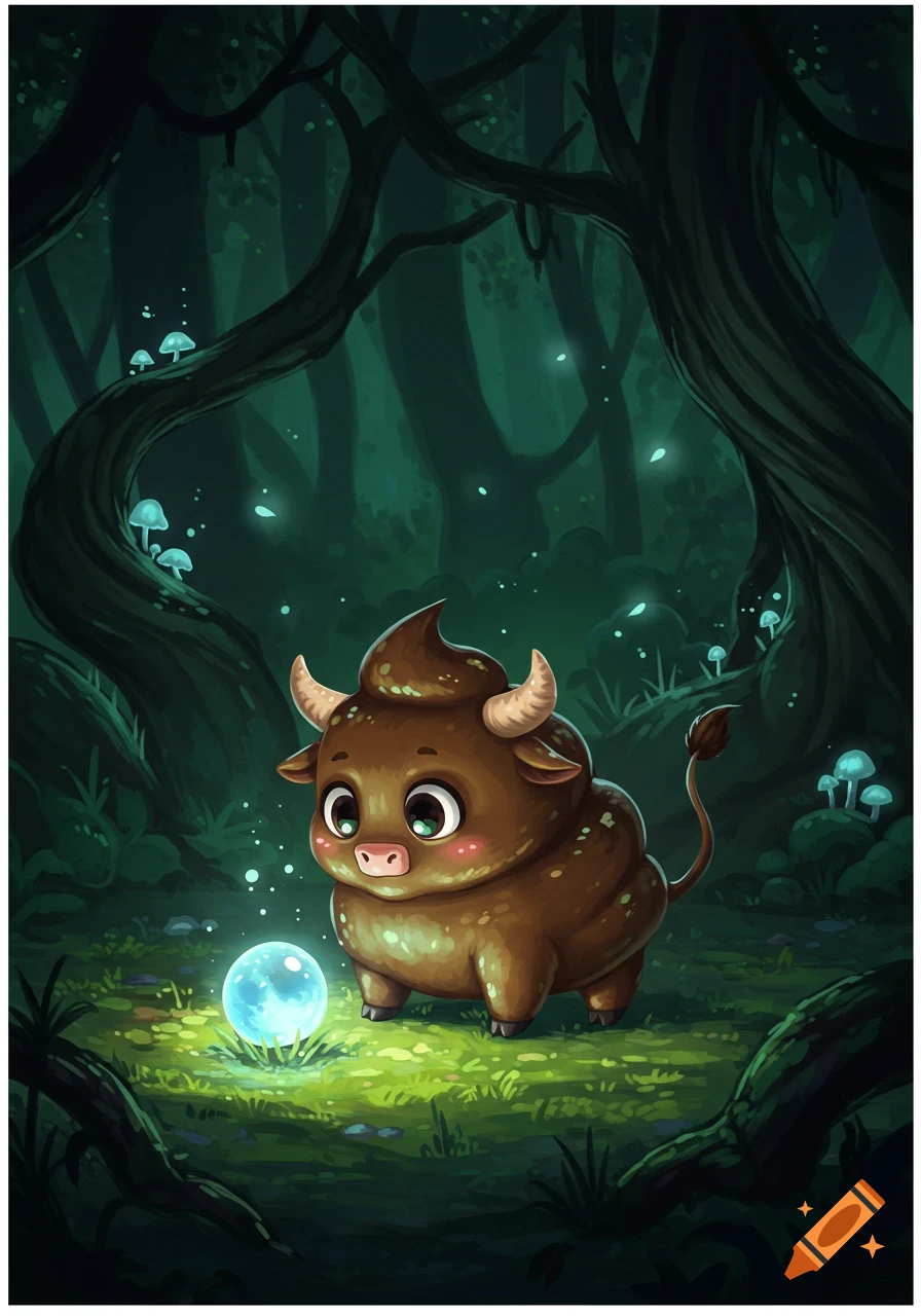 A cute, cartoon-style bull-like creature with a swirl on its head stands in a dark, magical forest, looking at a glowing blue orb on the ground.