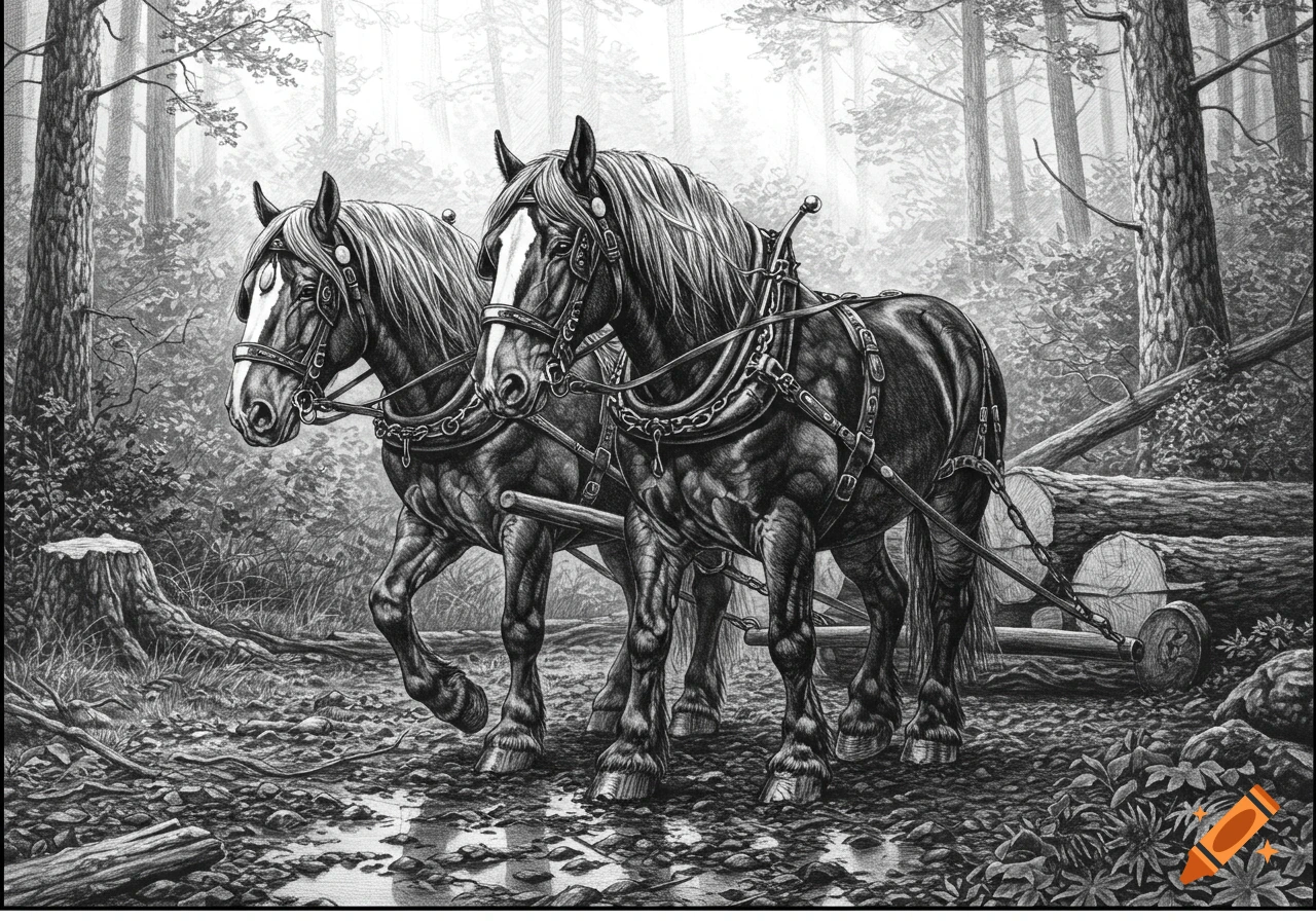 Two powerful Percheron horses in heavy harness pull logs through a dense, misty forest in a detailed black and white illustration.