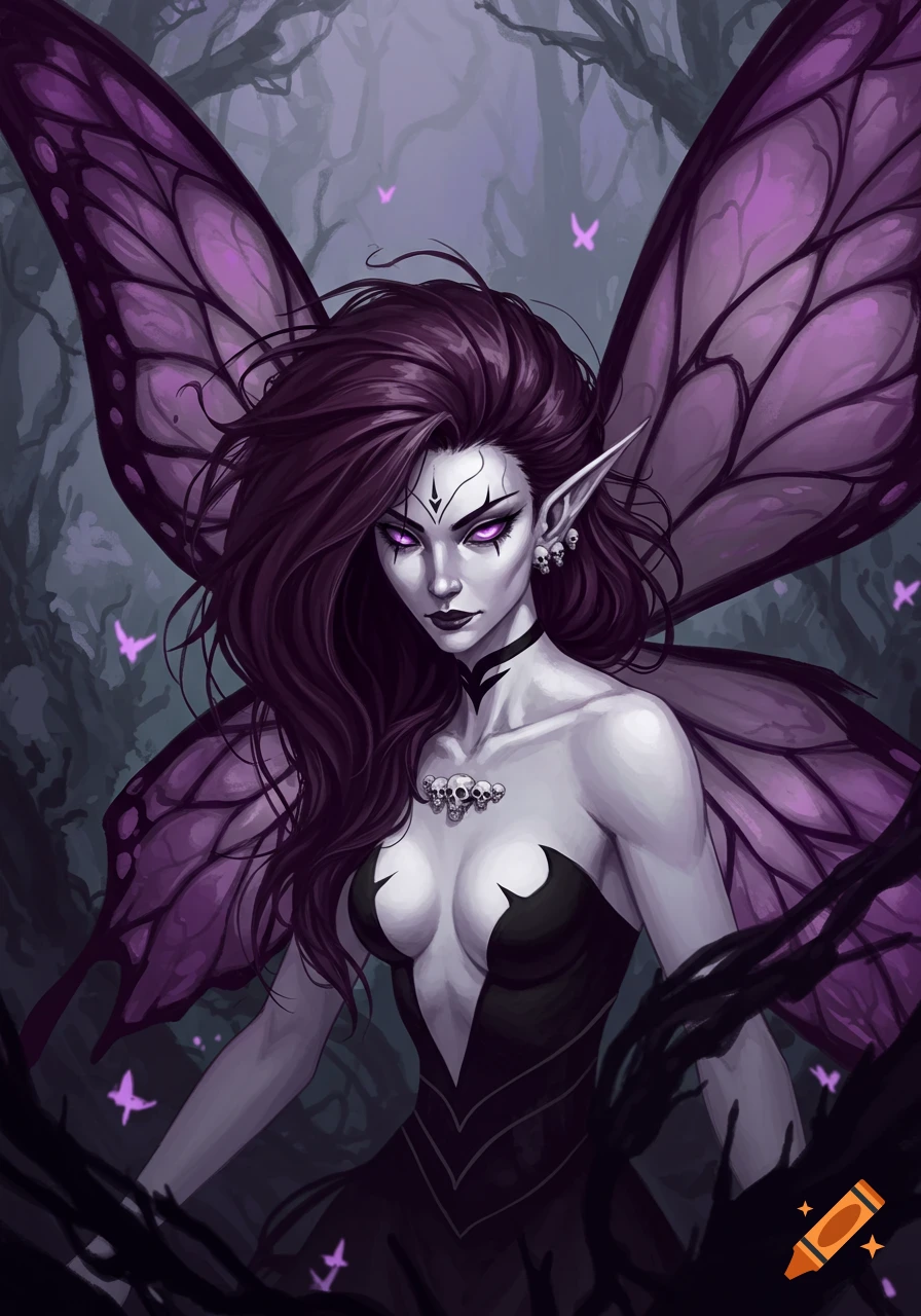 Dark fantasy fairy with purple butterfly wings, long purple hair, skull earrings, necklace, and black dress in a shadowy forest, cell-shaded.