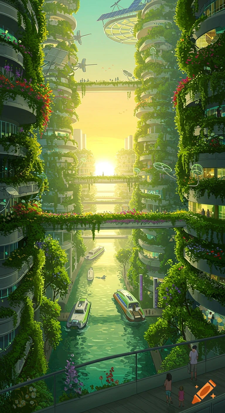 Stylized solarpunk city with towering, vine-covered buildings, pedestrian bridges, and canals with boats, bathed in a bright sunset.
