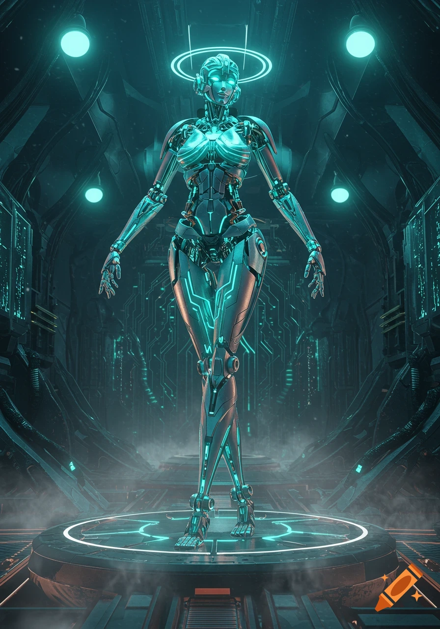 A detailed, glowing blue and silver female robot stands on a platform in a dark, futuristic sci-fi chamber.