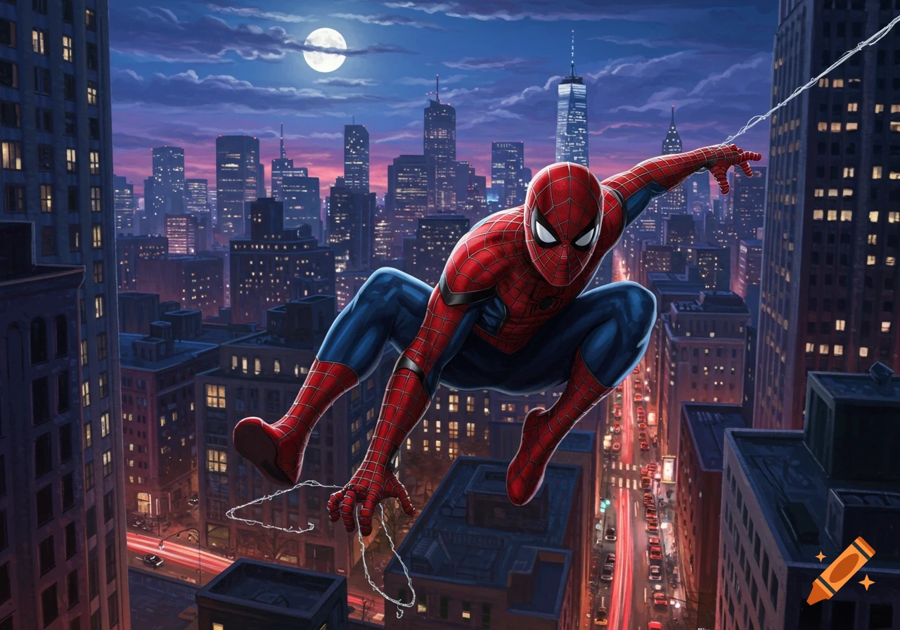 Spider-Man leaps through a vibrant, moonlit cityscape at night, depicted in a detailed comic art style.