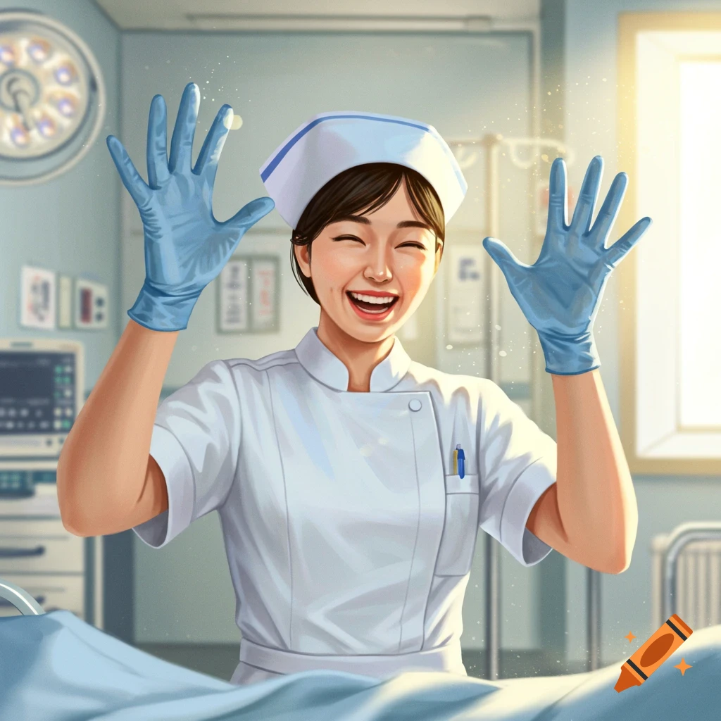Digital illustration of a smiling female nurse in a hospital room, wearing a white uniform and blue gloves, with her hands raised.