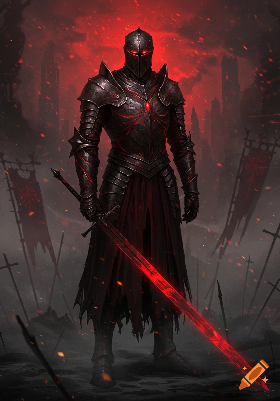 A formidable dark knight in black and red glowing armor stands on a war-torn battlefield under a red sky, holding a crimson glowing sword. Dark fantasy art style.