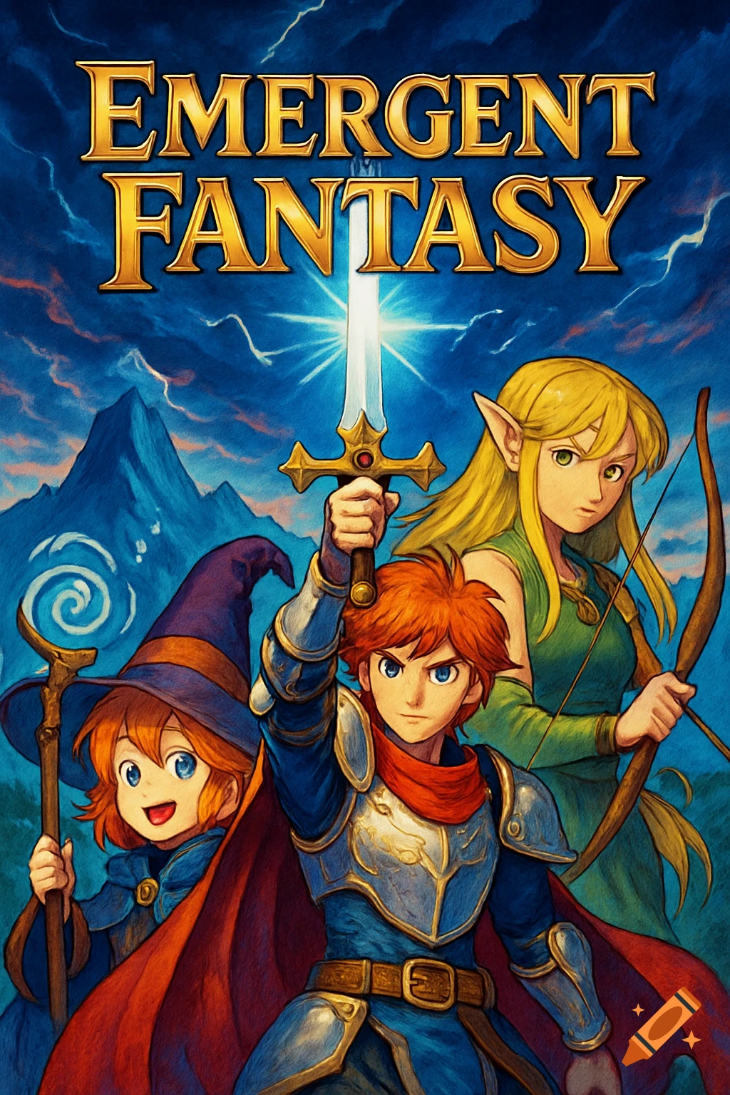 1990s anime style art of three fantasy heroes (knight, wizard child, elf archer) with 'Emergent Fantasy' title.