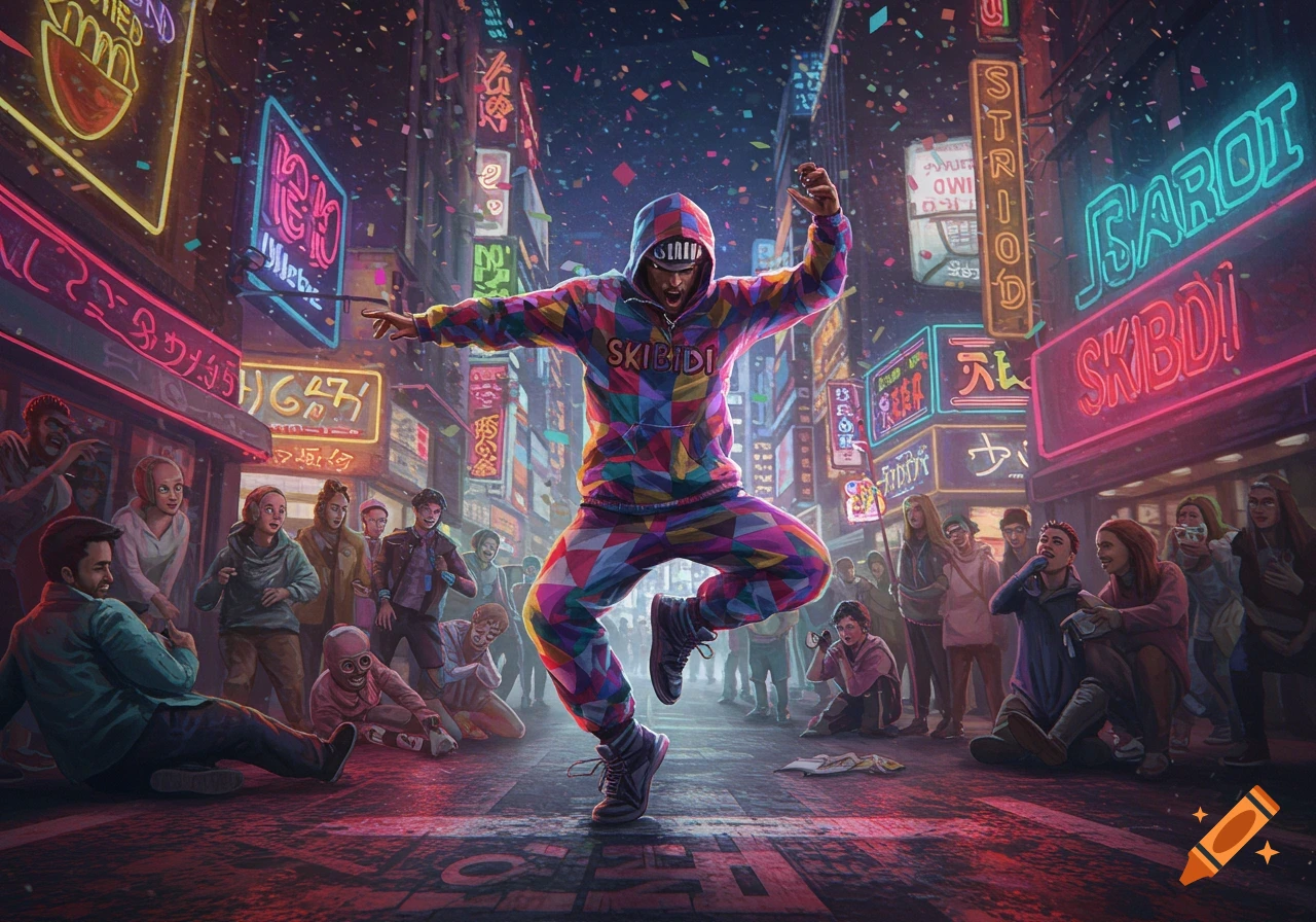 A person in a colorful geometric hoodie and pants dances on a street with neon signs and confetti, surrounded by a crowd.