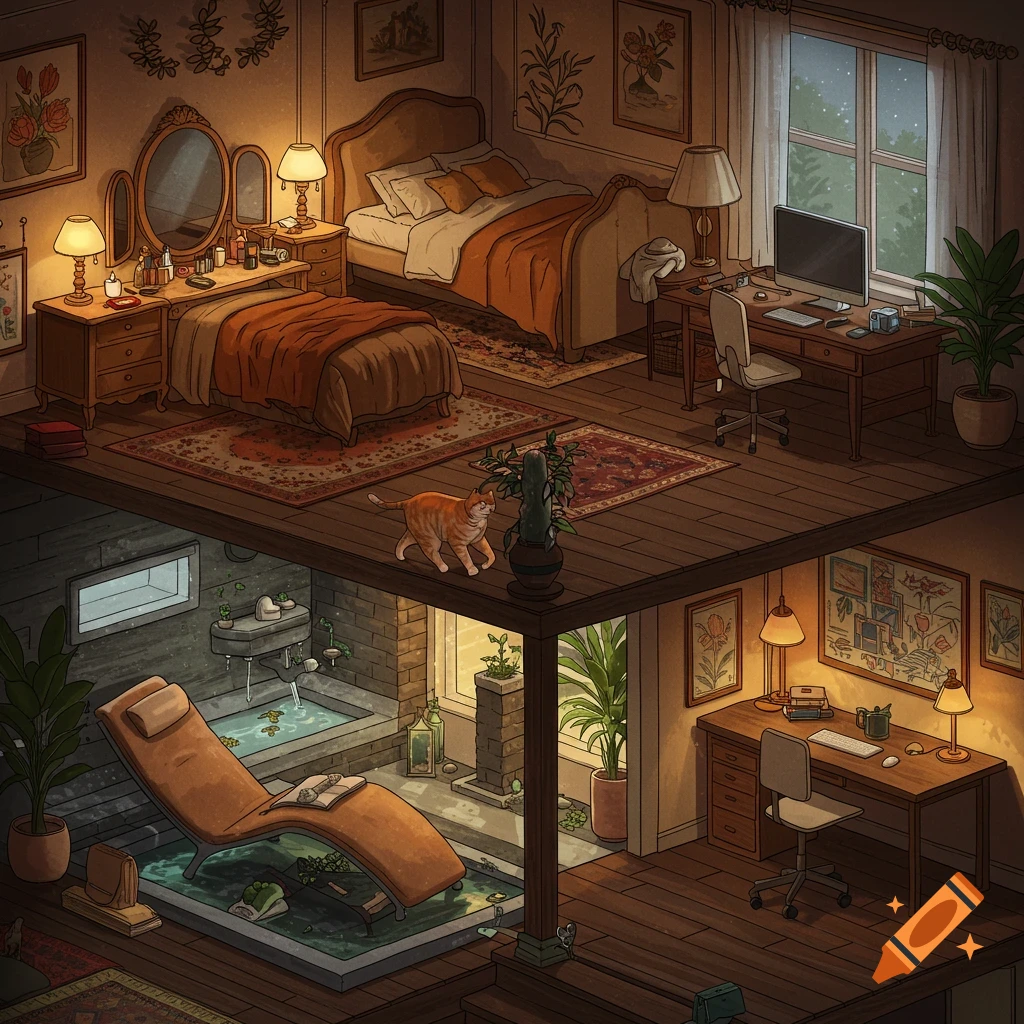 Isometric view of a cozy multi-level home interior with an orange cat, bedrooms, spa, and study areas, in a warm, illustrated style.