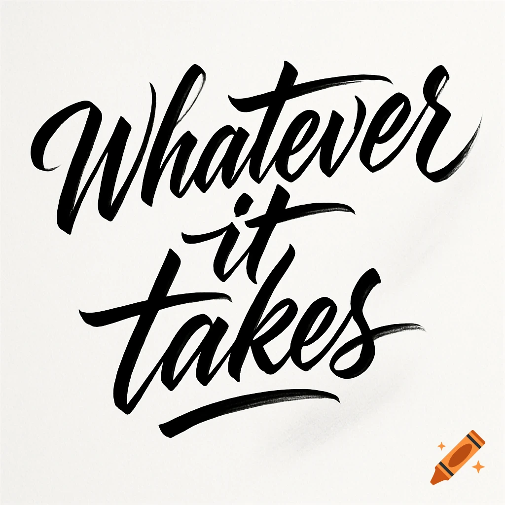 Black brush stroke calligraphy spelling 'Whatever it takes' on a white background.