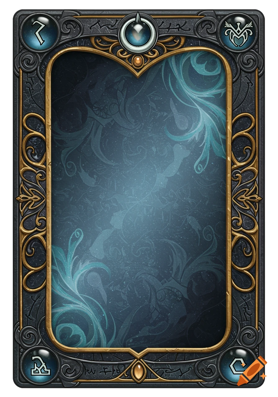 An ornate fantasy card template with a dark teal center, gold and dark gray borders, and four corner symbols, along with a top central symbol.