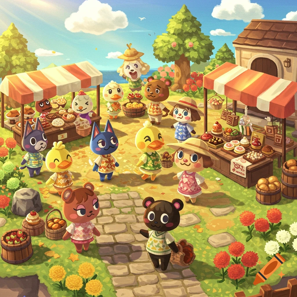Anthropomorphic animal characters gather at a vibrant outdoor market with stalls selling goods under a bright, sunny sky, in the style of Animal Crossing.