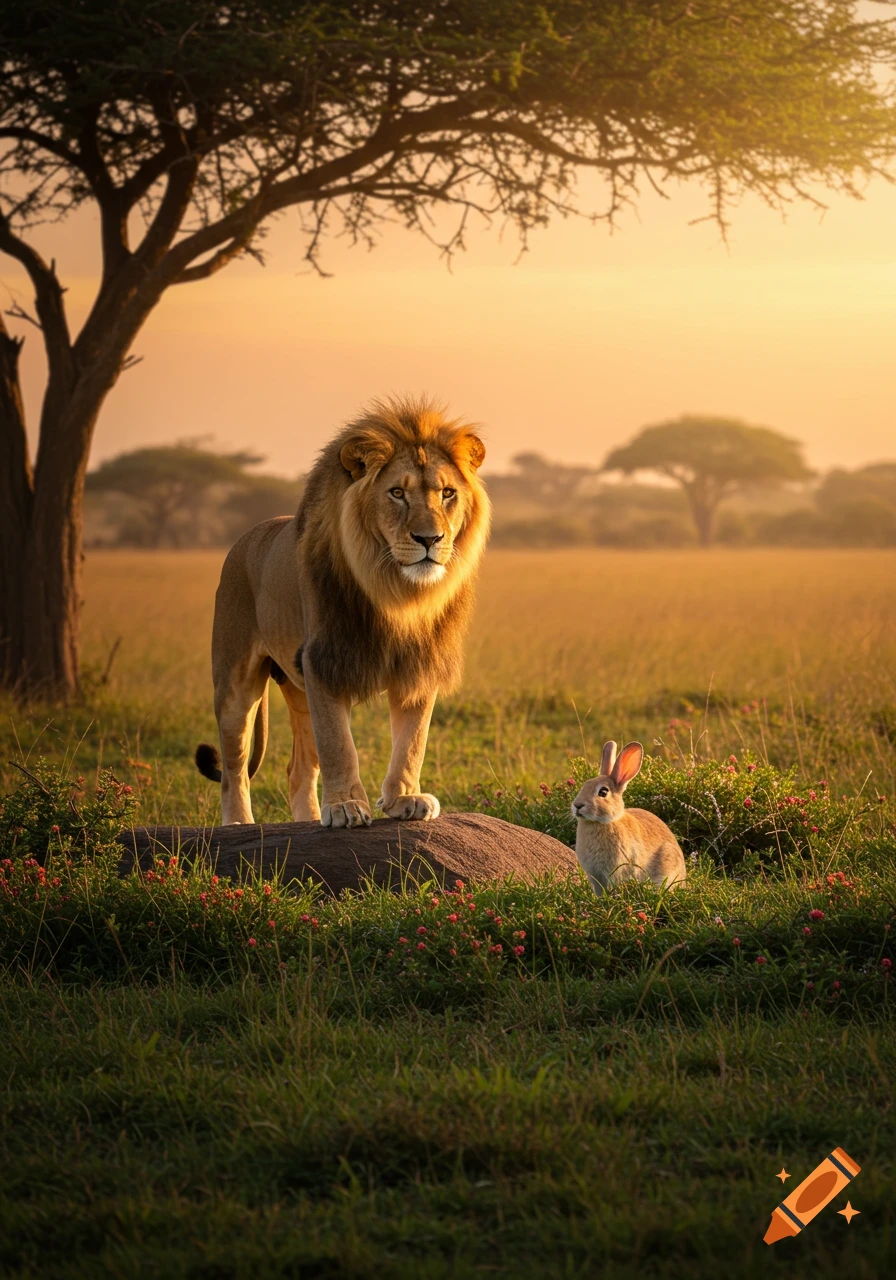 A majestic lion stands on a rock next to a small rabbit in a sunlit African savannah, with an acacia tree.