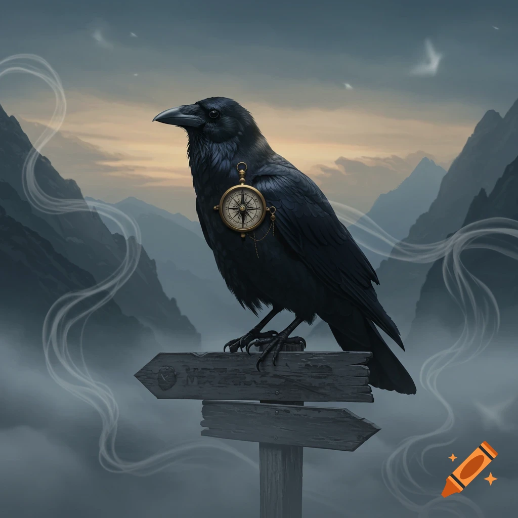 A surreal black crow with a golden compass in its chest, perched on a wooden signpost in misty mountains.