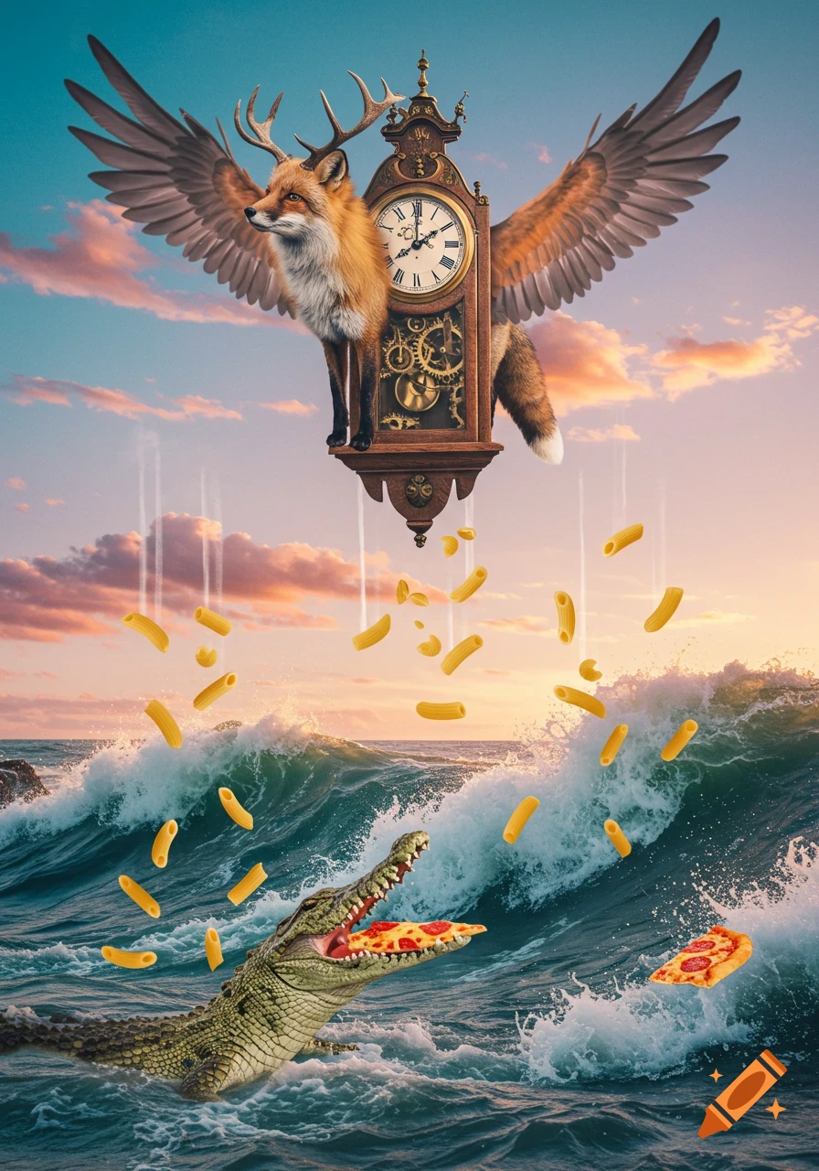 A surreal scene of a winged fox with antlers atop a grandfather clock, flying over ocean waves. Pasta falls from the clock onto a crocodile eating pizza in the water. Photorealistic style.