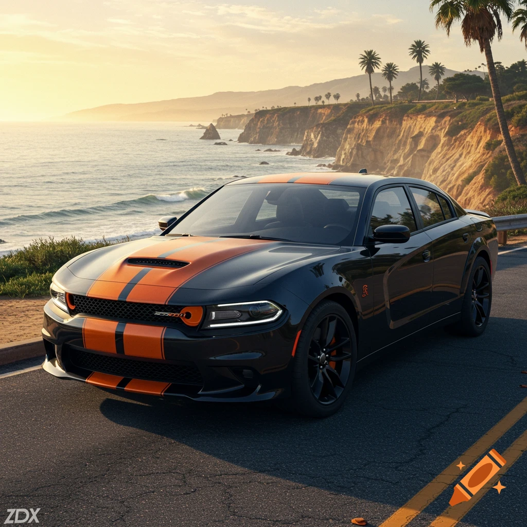 A black Dodge Charger with orange racing stripes parked on a coastal road at sunset, with the ocean and cliffs in the background.