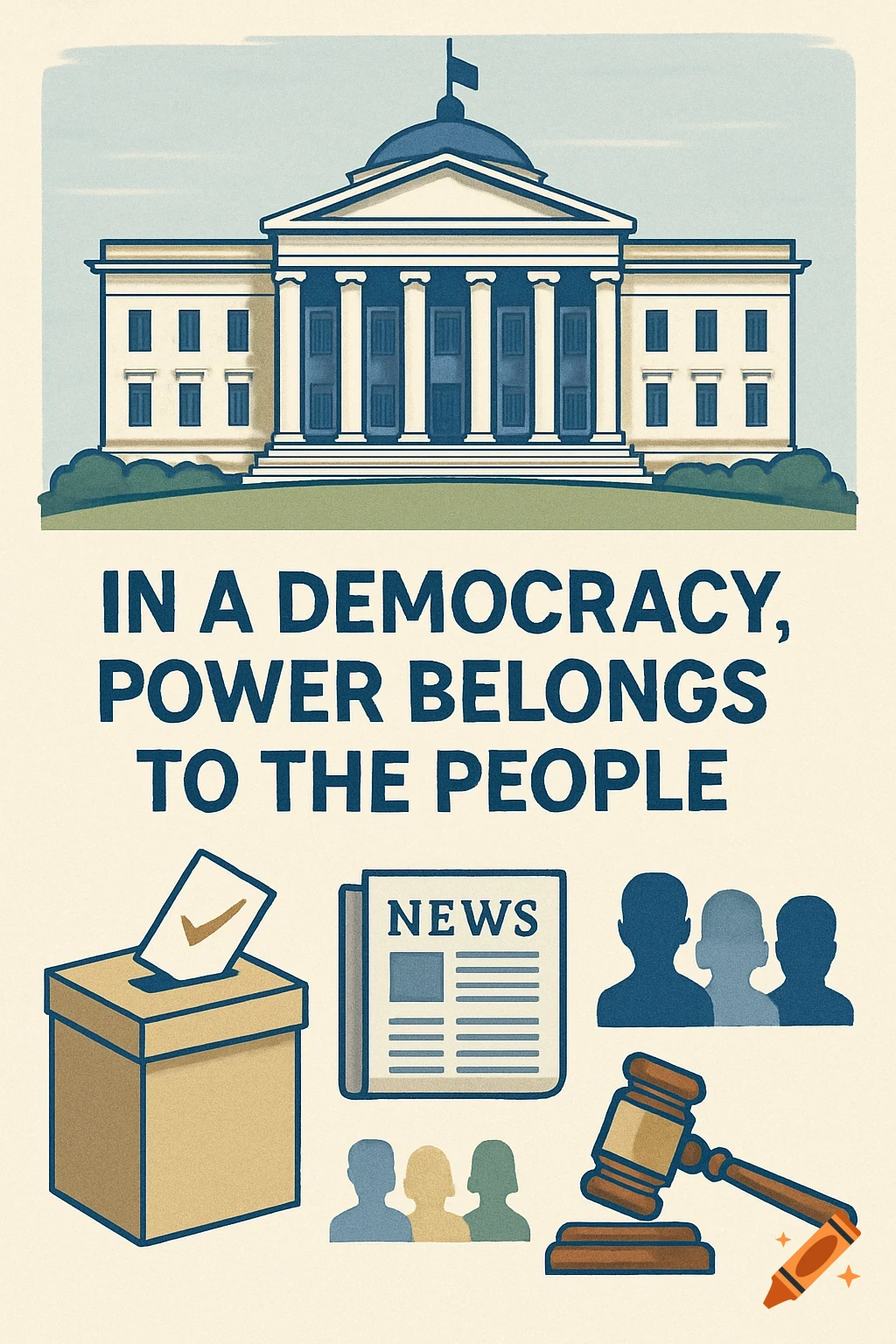 Political infographic illustration of a classical building with text 'In a democracy, power belongs to the people', a ballot box, newspaper, people, and a gavel.
