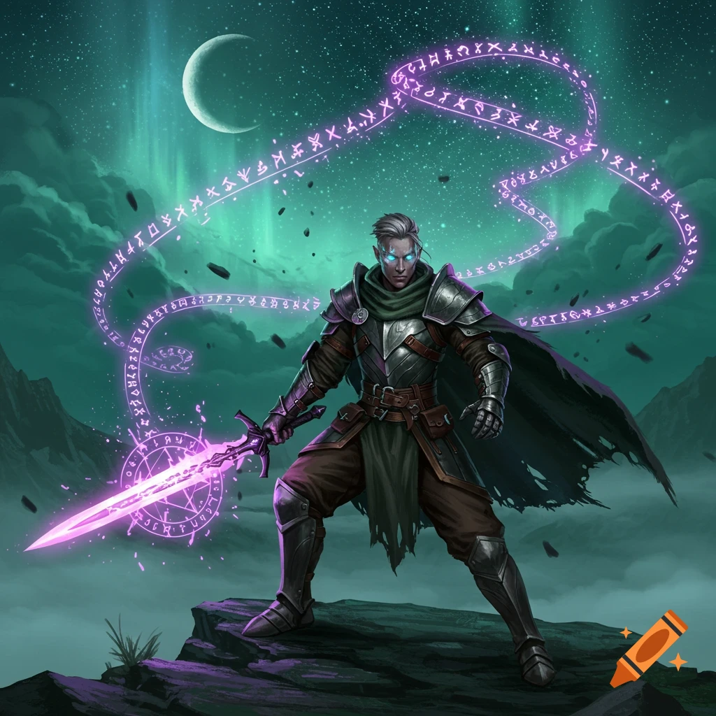 A spellsword with glowing eyes stands on a peak, wielding a glowing purple magical sword amidst swirling runes, under a crescent moon and aurora. Digital art.