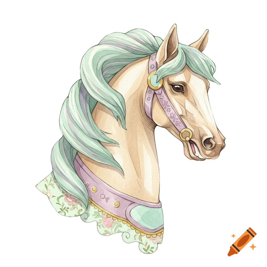 Watercolor illustration of a carousel horse head with a mint green mane, purple bridle, and floral chest piece.