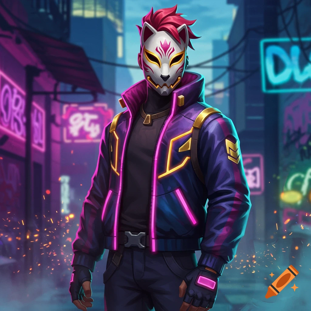 A cyberpunk character with red hair and a fox mask, wearing a purple and gold jacket with neon accents, in a neon-lit city.