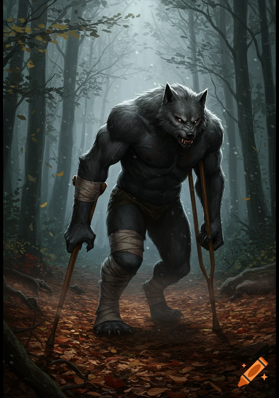 A dark grey werewolf with glowing red eyes walks with two wooden crutches in a misty forest, its legs and left arm wrapped in bandages.
