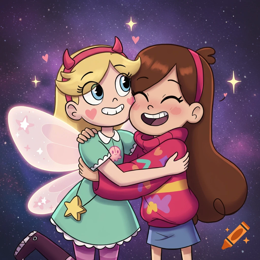 Star Butterfly with fairy wings and Mabel Pines in a pink sweater happily hugging against a starry purple background.
