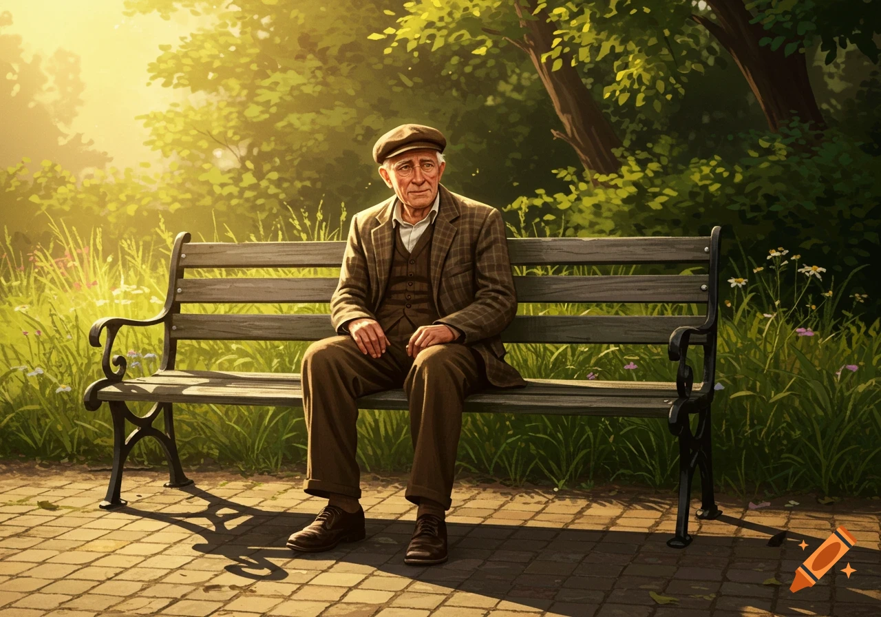 An older man wearing an Ivy cap and tweed suit sits thoughtfully on a wooden park bench in dappled sunlight.