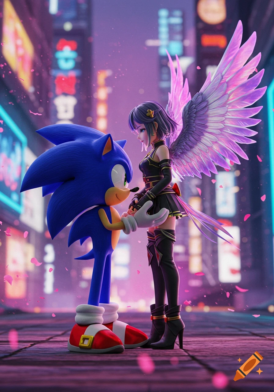Sonic the Hedgehog and a winged anime girl hold hands on a vibrant, neon-lit city street at night, with pink petals falling.