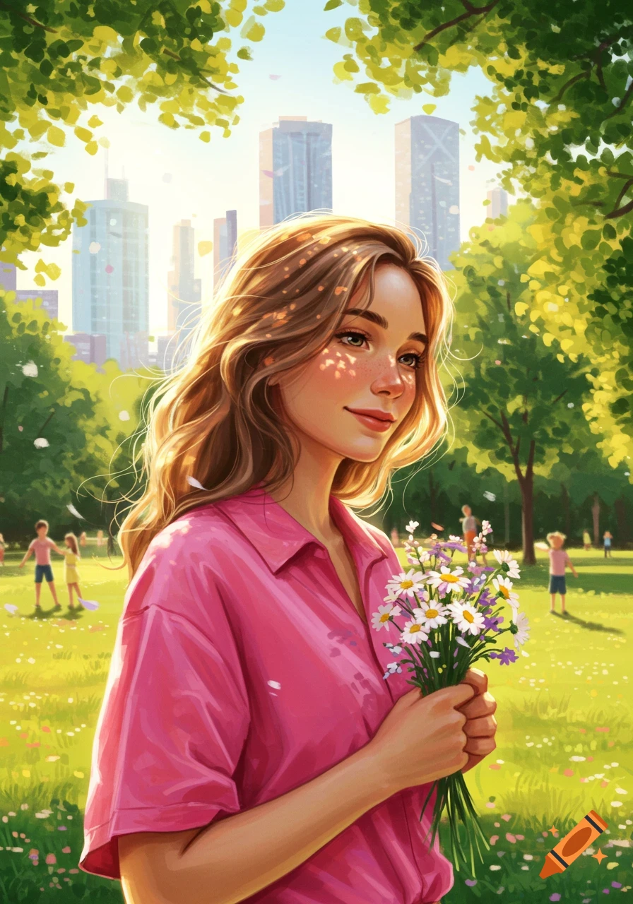 An illustrative portrait of a young woman with long wavy hair holding daisies in a sunny park with city buildings in the background.