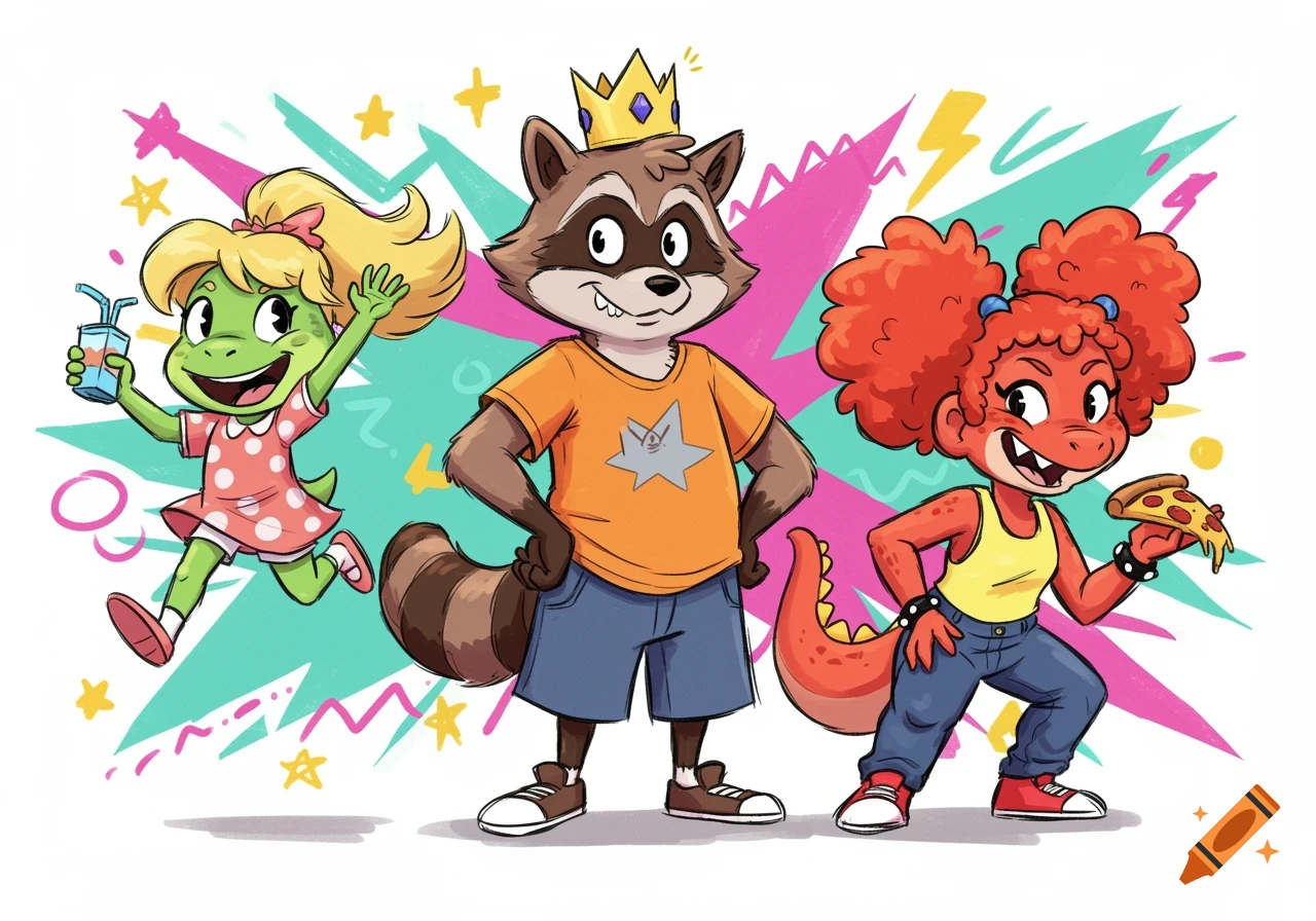 Vibrant 90s cartoon of a raccoon king, a frog girl with juice, and a dinosaur girl with pizza on a playful background.