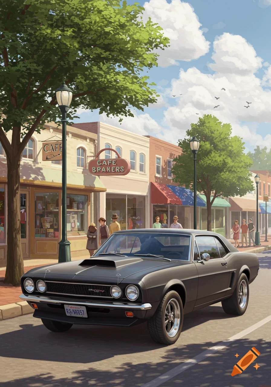 A matte black classic car with a hood scoop is parked on a tree-lined main street in a town, with storefronts and people in the background. Illustrated style.