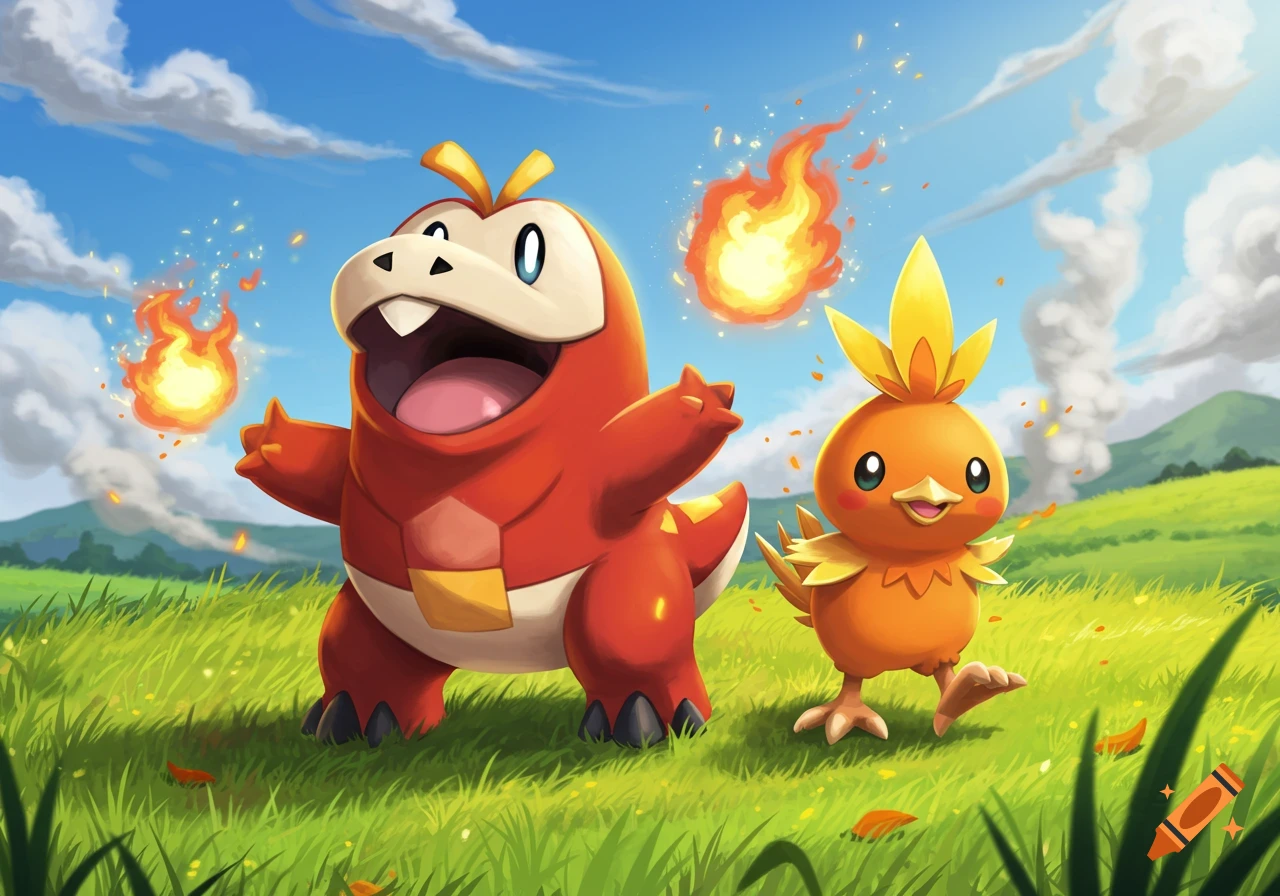 Fuecoco and Torchic, vibrant cartoon Pokémon, in a sunny grassy field with mountains, blue sky and clouds. Fuecoco has fire.