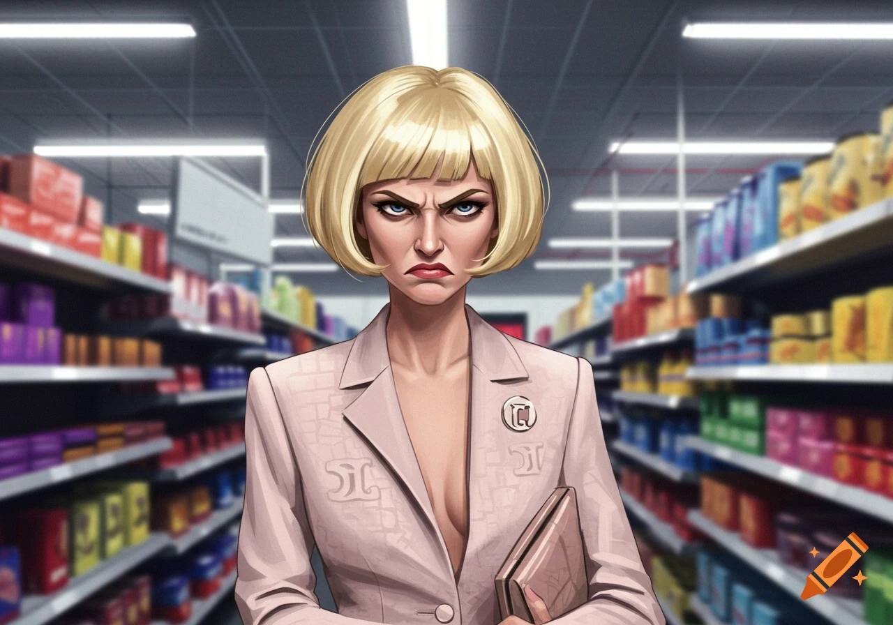 A highly annoyed woman with a blonde bob haircut and a low-cut blazer stands in a blurred supermarket aisle, holding a book.