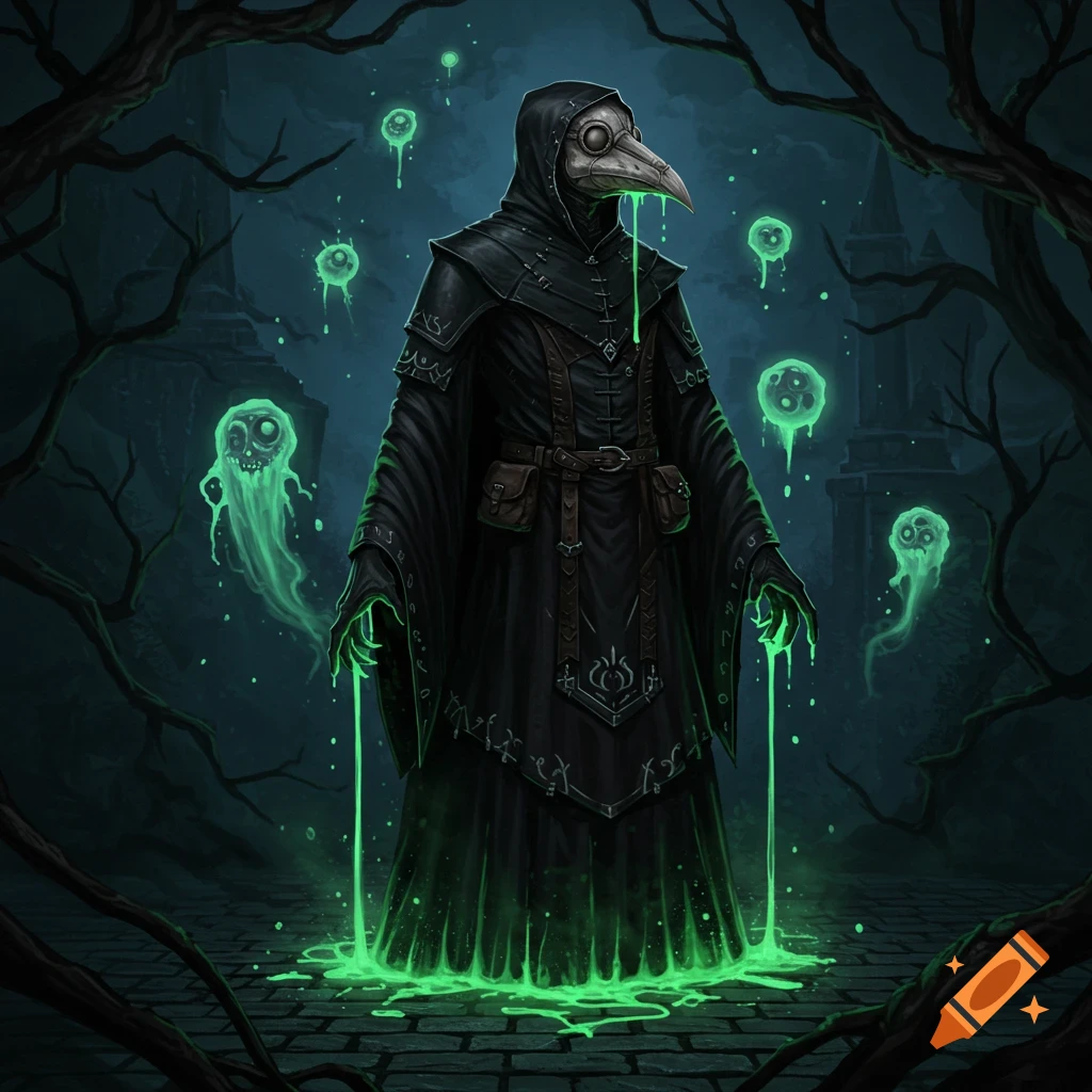 A dark, stylized plague doctor figure in a black robe with a bird-like mask, surrounded by glowing green liquid and eerie green ghosts in a dark, atmospheric setting.