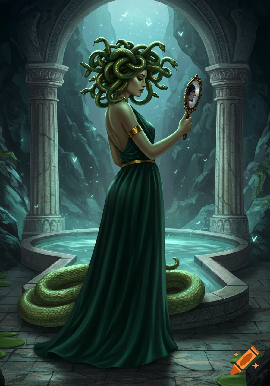 Medusa, with green snakes for hair, gazes into a handheld mirror, seeing her beautiful human reflection in an ancient, verdant temple.