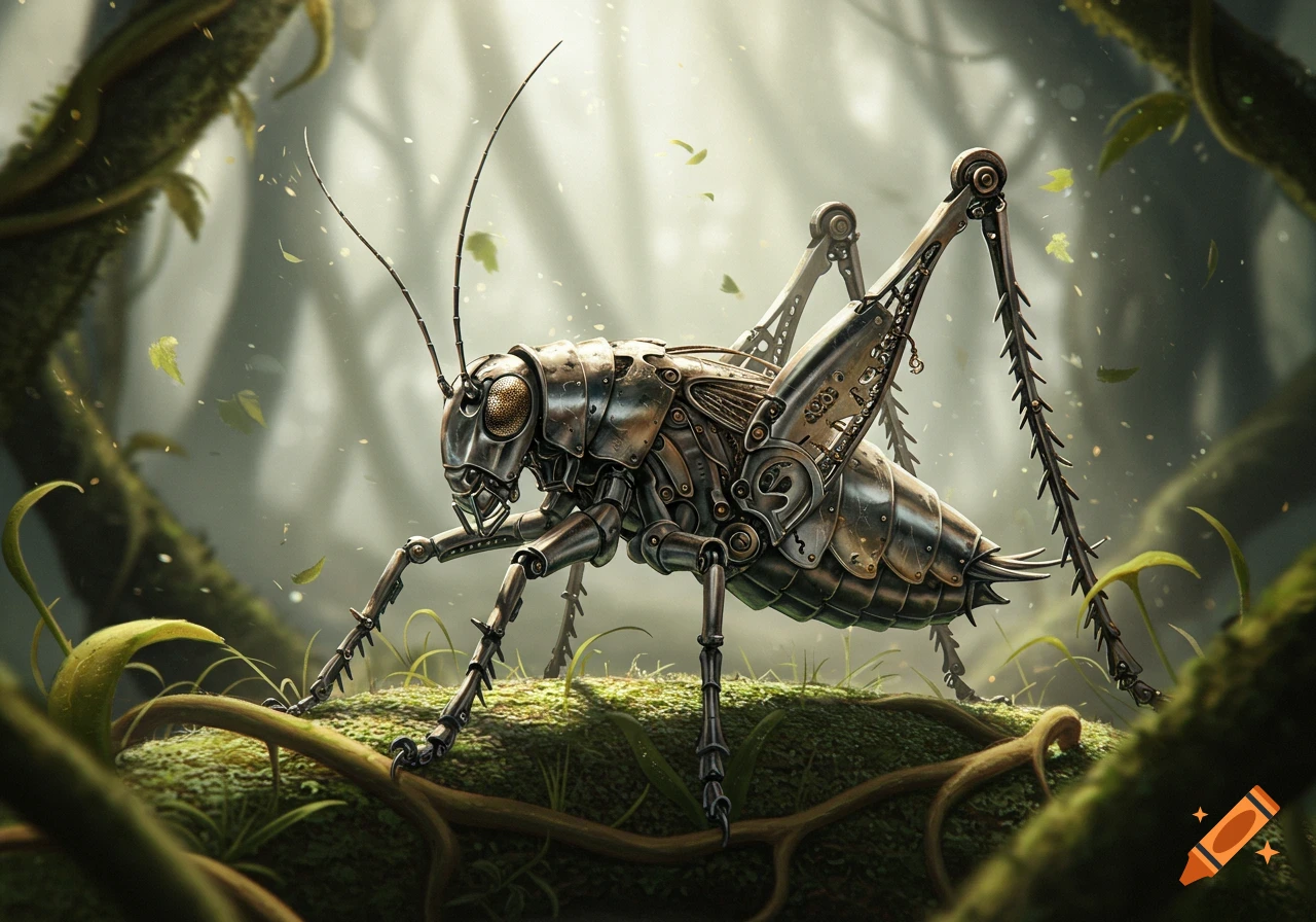 A detailed steampunk mechanical cricket stands on mossy ground in a misty forest.