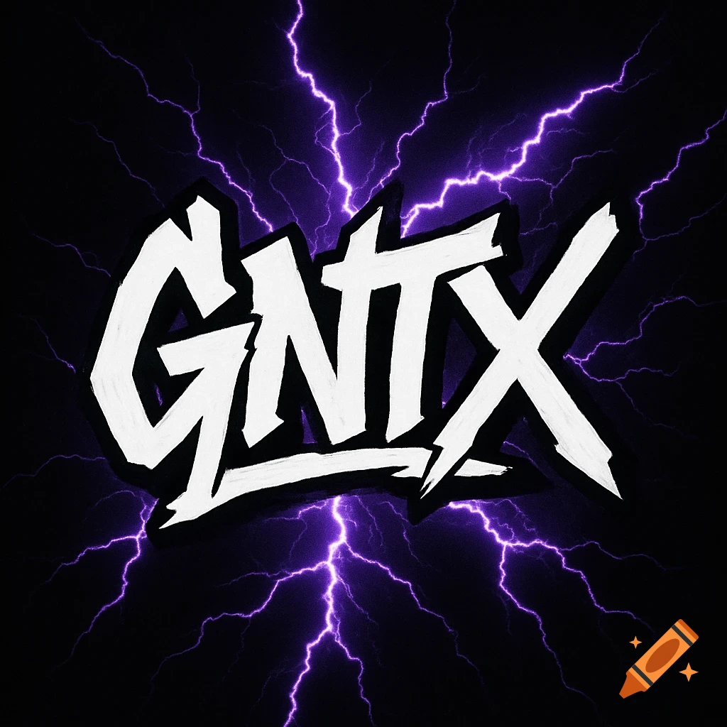 Stylized white 'GNTX' text in a hip-hop font over a black background with purple lightning bolts.
