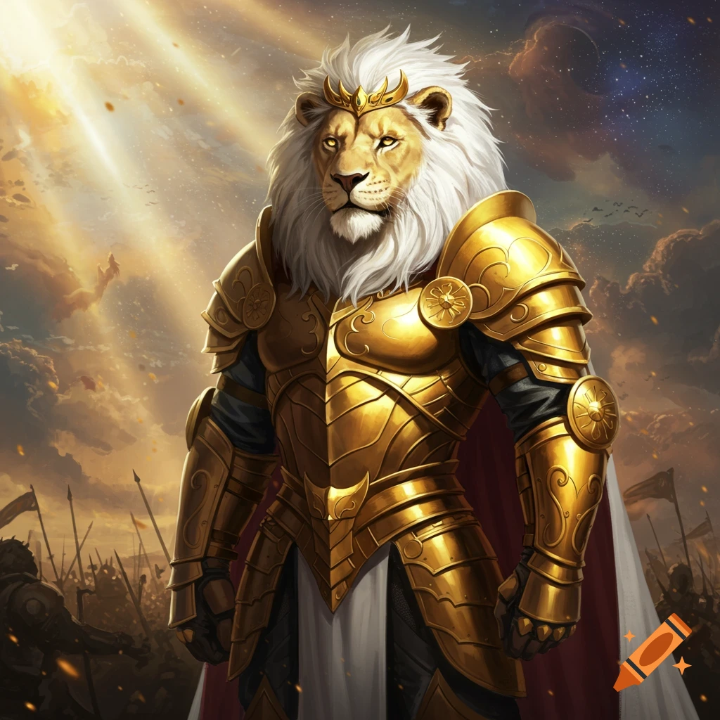A majestic lion warrior with a white mane and golden crown wears ornate gold armor, standing before a celestial battlefield.