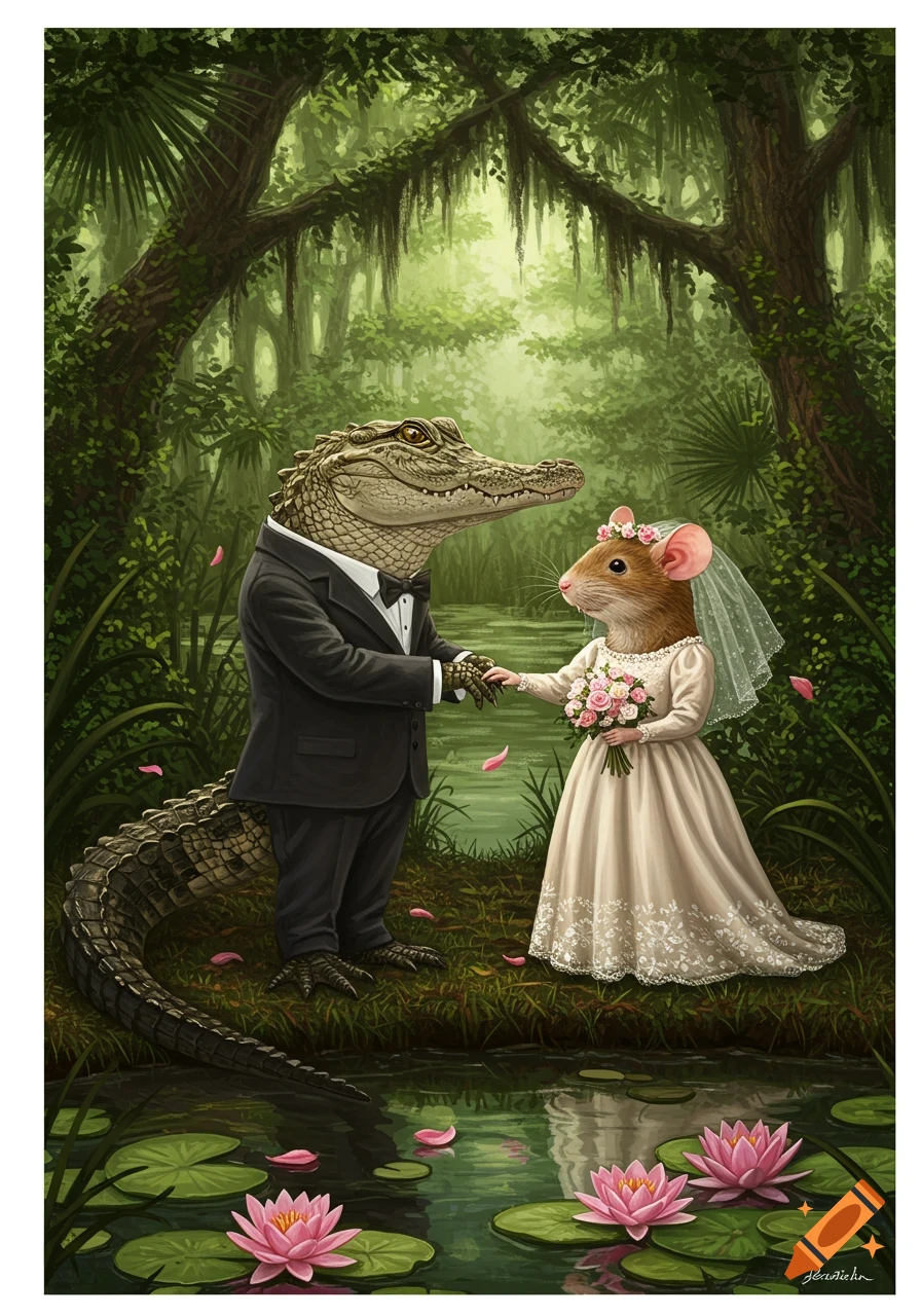 An anthropomorphic alligator groom and mouse bride hold hands by a lily pad pond in a lush swamp. Digital painting.