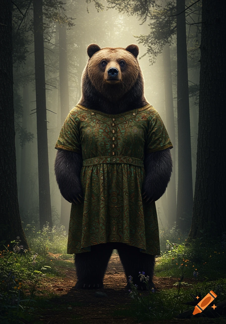A photorealistic brown bear wearing an ornate green dress stands on a path in a misty, sunlit forest.