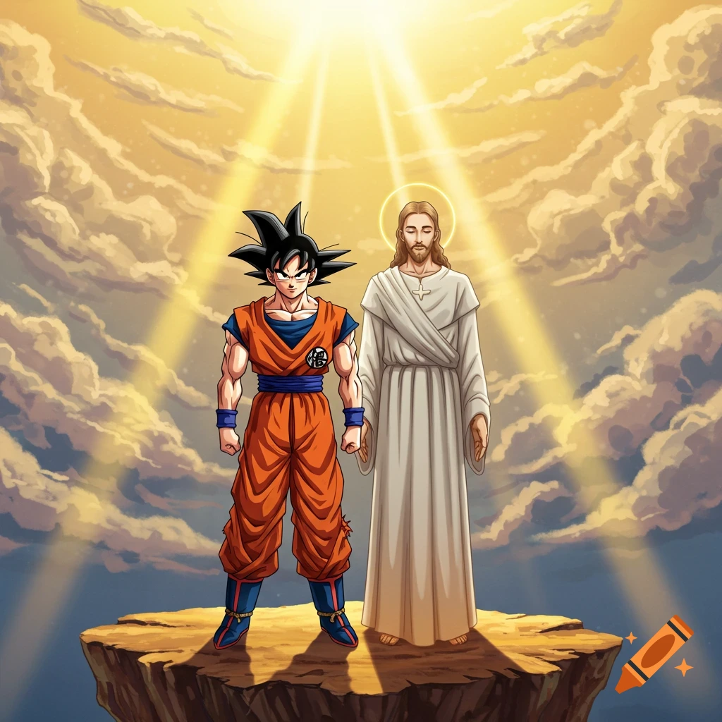 Anime-style Goku and Jesus standing on a floating rock platform under a golden, cloudy sky with sun rays.