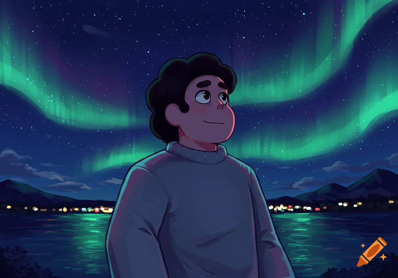 Steven Universe character in a sweater looking at green Northern Lights over a lake at night.