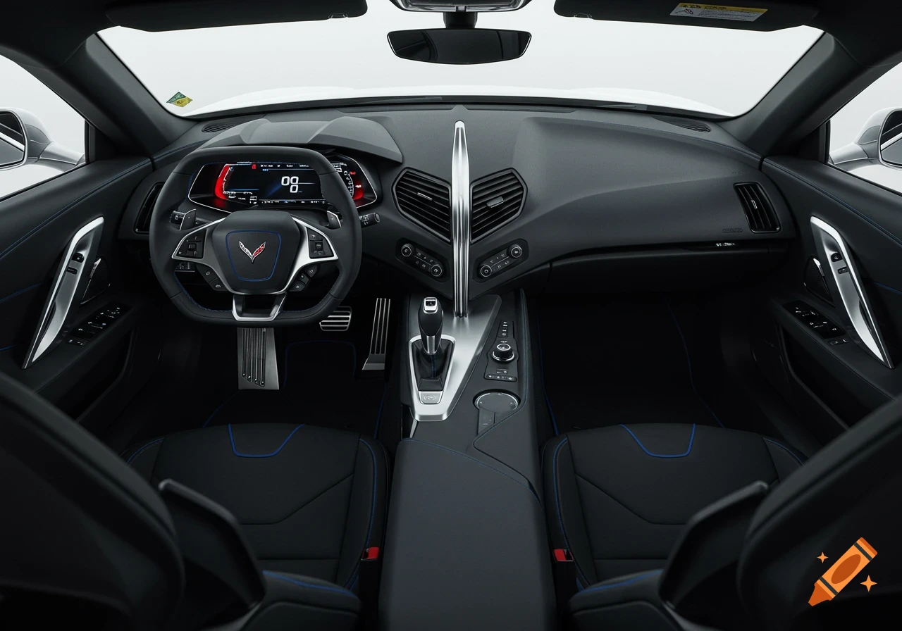 Modern concept car interior of a Corvette C2 Stingray, featuring a symmetrical dashboard, central silver spine, and black seats with blue accents.